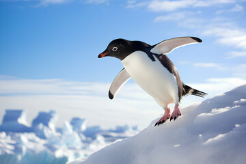 Obraz premium Adélie penguin (Pygoscelis adeliae) on a snow cornice with ice in the background, Antarctic Peninsula