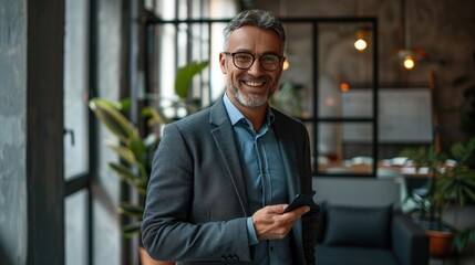 Middle-aged businessman standing confidently, smiling while holding his phone in a modern office.
