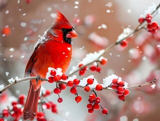 Vibrant Red Cardinal Perched on Snow Covered Branch in Winter Wonderland