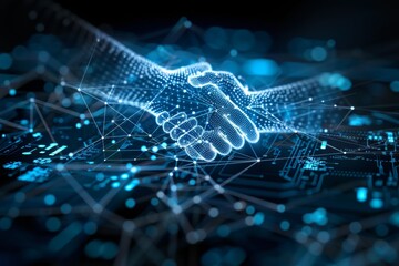 Obraz premium Glowing avatars digitally handshake over cryptocurrency symbols in network banner