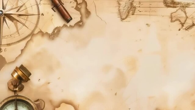 An antique world map showing parts of continents and the Atlantic Ocean. Compass, spyglass, and other navigation tools provide a vintage exploration theme. Ideal for history enthusiasts.