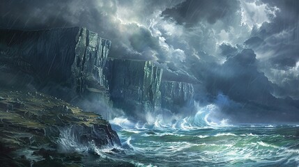 Stormy ocean with a rocky shoreline. The sky is dark and cloudy, and the waves are crashing against the cliffs. Scene is intense and dramatic, with the power of the ocean - Powered by Adobe