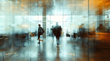 Blurred office with people working behind glass wall