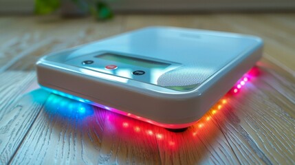 The device is white and has a blue and red light on the bottom. It is sitting on a wooden table.