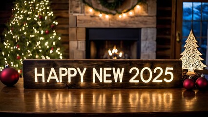Handmade wooden sign with Happy New Year 2025 amidst Christmas decor