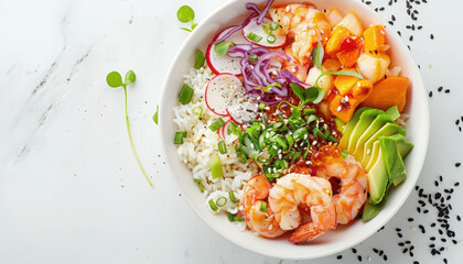 Balanced food nutrition. Poke bowl with shrimp, rice, avocado, vegetables and chuka salad, white...