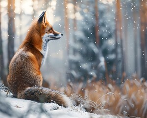 Fototapeta premium Serene Moment Red Fox Sitting Amidst Snowy Forest Scenery