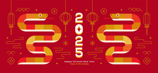 New Year 2025 greeting card or banner design with two snakes and chinese decorative elements.