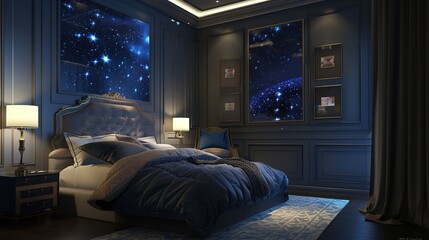 Elegant children bedroom with a breathtaking starry night sky theme