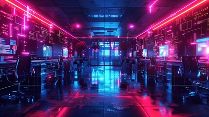 Obraz premium Modern neon cyberpunk open space office interior 