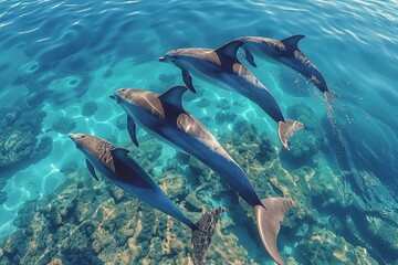 Obraz premium Three Dolphins Swimming Over Coral Reef In Tropical Ocean