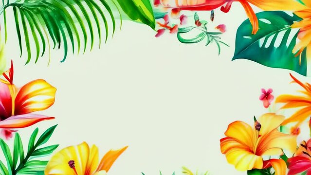 Vibrant tropical leaves and flowers border a light background. The colorful foliage includes greens, reds, and oranges in various shapes, depicting an exotic, lively scene, suitable for design.