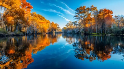 Obraz premium Vibrant Autumn River Reflecting the Lush Foliage on its Tranquil Banks