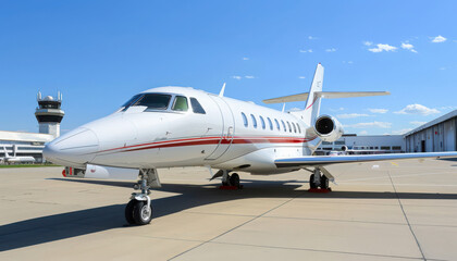 Obraz premium Business private jet airplane parked at terminal. Luxury tourism and business travel transportation concept