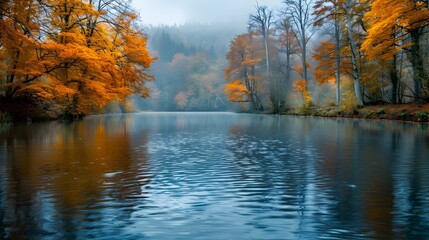 Fototapeta premium Tranquil Autumn River with Vibrant Fall Foliage Reflection