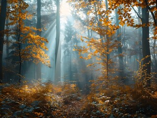 Obraz premium Misty Autumn Forest with Vibrant Fall Foliage and Sunlight Beams