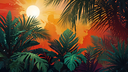 Colorful abstract summer background, bright sun and tropical leaves create a vibrant, sunny design perfect for seasonal themes.
