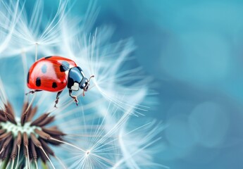 Fototapeta premium Ladybug and dandelion in the blue sky nature beauty and travel concept with small insect on flower