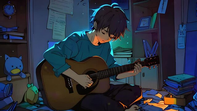 Cute Lofi boy Sad moody Urban night sky star view light , 2D Japanese Lo-fi Anime style 4K Seamless loop hip-hop chill vibes Relaxing music lofi bites animation Video