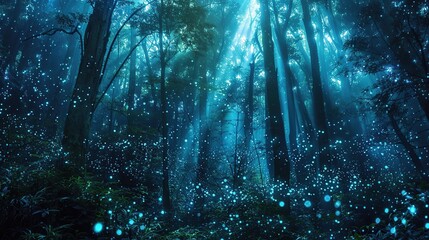 Mysterious dense forest with bioluminescent plants and soft sunlight filtering through the leaves