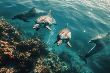 Obraz premium Three Dolphins Swimming Over Coral Reef In Tropical Ocean