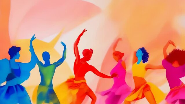 A vivid abstract image featuring silhouettes of diverse individuals dancing gracefully against a white background. The bright hues add energy and a festive mood to the scene, evoking joy and movement.
