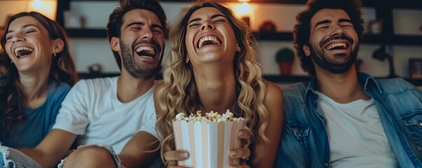 Friends having a movie marathon for National Tell a Joke Day, August 16th, popcorn and funny films, 4K hyperrealistic photo.