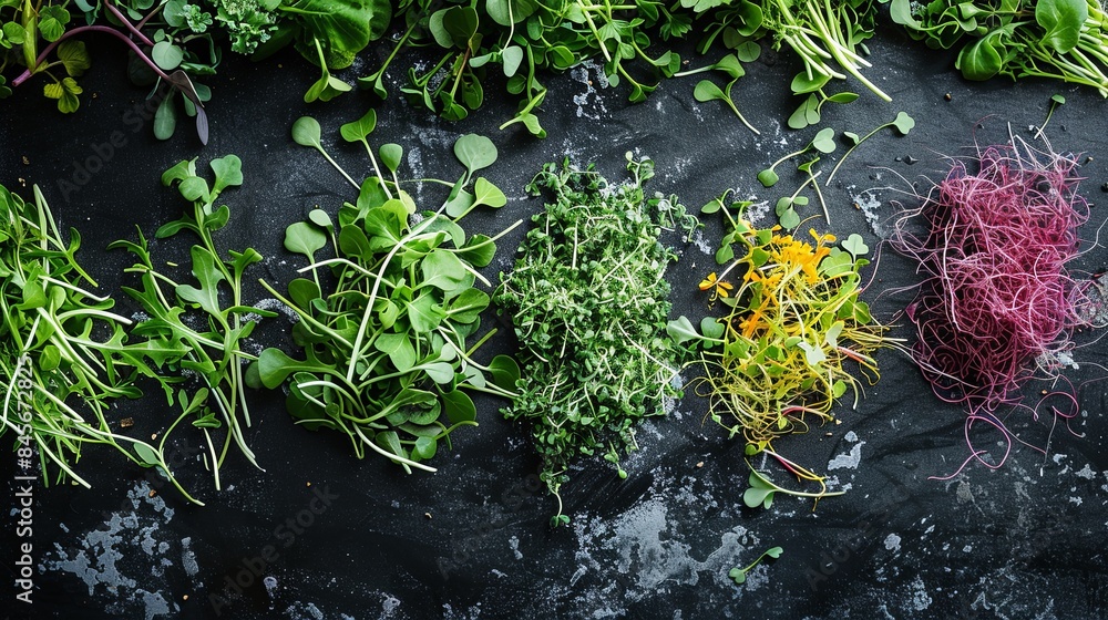 Poster A close-up view of a variety of microgreens spread out on a dark, textured surface. Generative AI