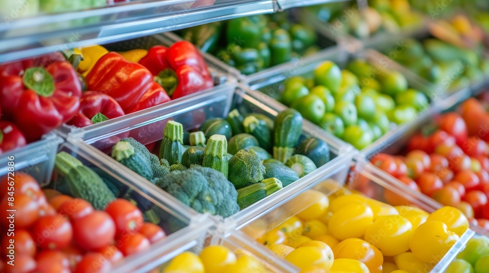 Poster fresh vegetables close up in shop window with blurred background and copy space for text