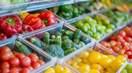 Fresh vegetables close up in shop window with blurred background and copy space for text