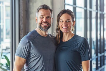 Fototapeta premium Portrait of a glad caucasian couple in their 30s wearing a moisture-wicking running shirt while standing against sophisticated corporate office background