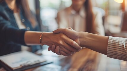 man and woman handsake in formal attire engaging in a welcoming after successful job interview job seeker hiring