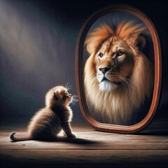 Un pequeño gato mirando un espejo en el que se refleja un león sabio fuerte y confiado	