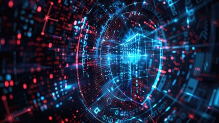 An abstract composition of binary code swirling around a shield symbol, representing the idea of digital protection and cybersecurity defense in a visually dynamic and futuristic manner