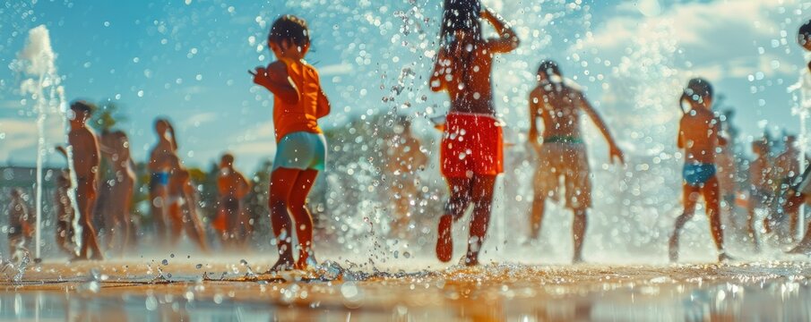 Children playing in a splash pad on a hot day, water droplets sparkling, 4K hyperrealistic photo.