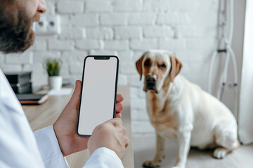 selective focus pet owner veterinarian looks in phone mobile mockup application animal care services vitals check-up dog cage sitter vet ambulance Generative AI content