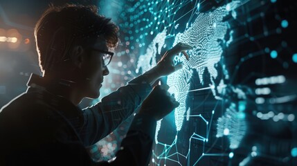 A cybersecurity expert analyzing a digital network map, with lines connecting nodes and data streams flowing between devices, showcasing the intricate web of digital communication and the importance
