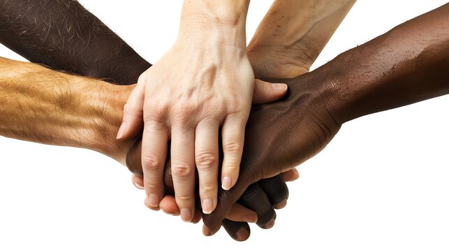 Hands of diverse individuals clasped together, symbolizing unity and cooperation.