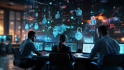 a team of cybersecurity professionals analyzing encrypted data and responding to threats. Include visuals like secure login processes, digital padlocks, and data protection measures.