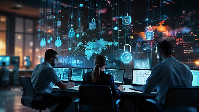 a team of cybersecurity professionals analyzing encrypted data and responding to threats. Include visuals like secure login processes, digital padlocks, and data protection measures.