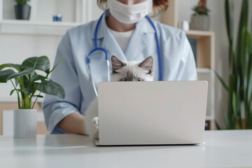 veterinarian looks in laptop with pet cat vet app technology selective focus generative AI content