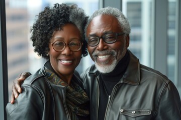 Fototapeta premium Portrait of a grinning afro-american couple in their 70s sporting a classic leather jacket over sophisticated corporate office background