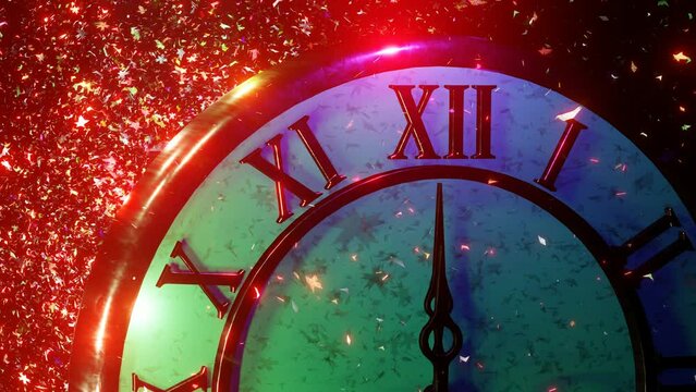 New Year background with hands of clock showing midnight. Abstract holiday festive banner with colorful decorative timer, blurred lights and shimmering blinking glitter. 4k video Animation 3d render.