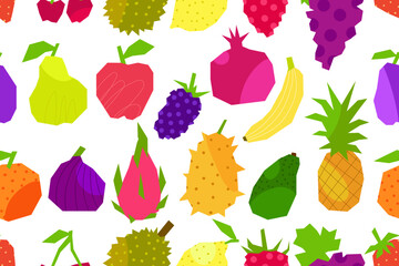 Seamless pattern with colorful cut fruits on white background. Naive fruits in an abstract style. Grapes, banana, pineapple, pear, strawberry, plum, durian, blackberry and others. Flat vector.