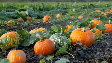Vibrant Pumpkin Patch Ready for Autumn Harvest in the Countryside
