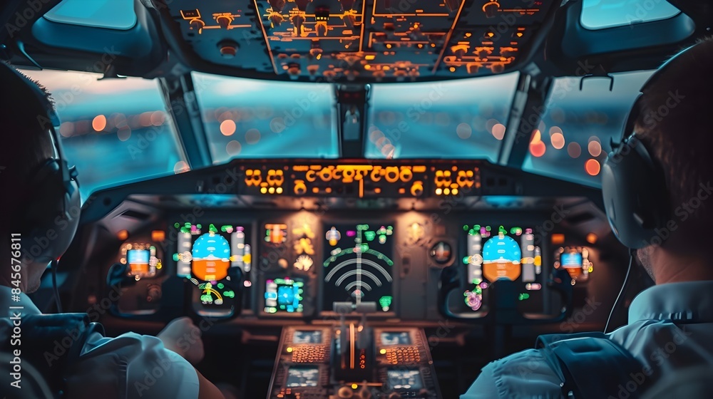 Poster modern airplane cockpit with advanced avionics and pilot monitoring instruments