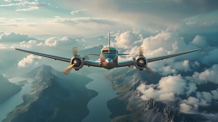 Fototapeta premium Vintage Passenger Plane Soaring Over Scenic Landscape in the Sky