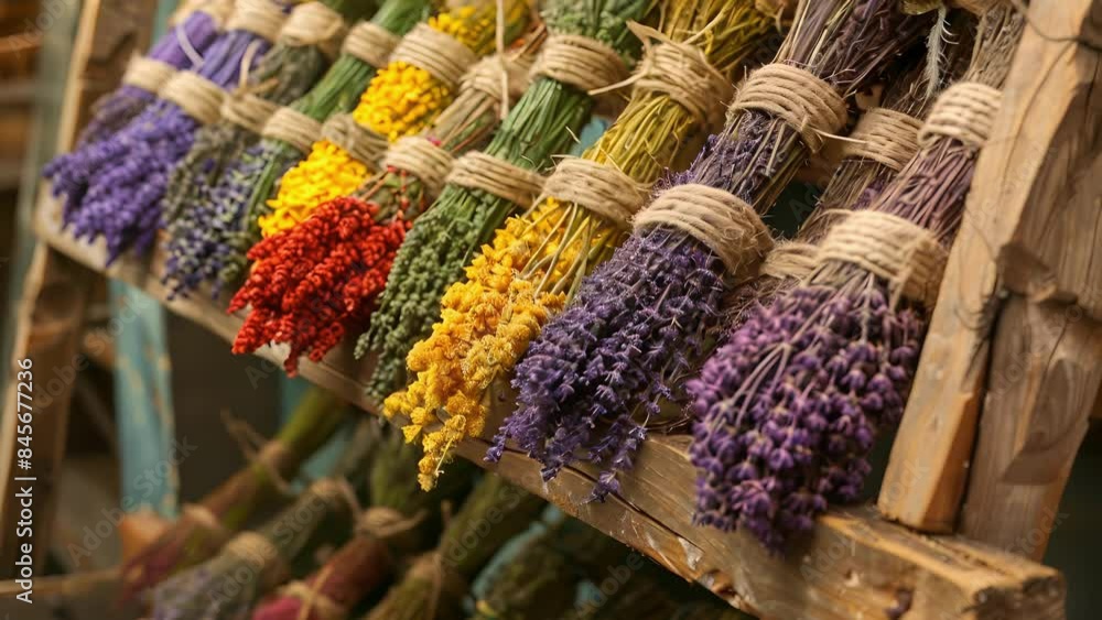 Poster a creative herb drying rack made from a repurposed ladder adorned with neatly arranged bundles of co