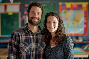 Fototapeta premium Portrait of a happy caucasian couple in their 30s dressed in a relaxed flannel shirt in lively classroom background