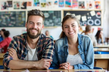 Portrait of a happy caucasian couple in their 30s dressed in a relaxed flannel shirt while standing against lively classroom background